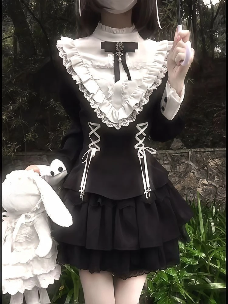 Gothic Style Long Sleeve Sweet Top + Mini Skirt Two-Piece Dress Set Women Subculture Vintage Lace Patchwork Spring Summer view 6