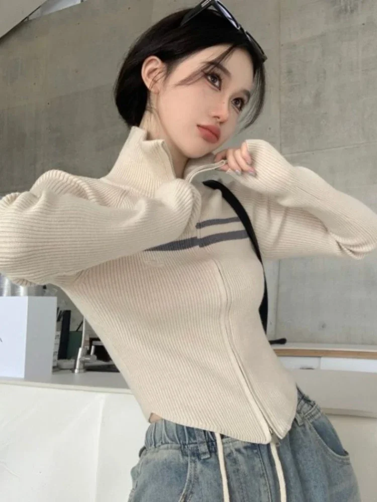 

Y2k Aesthetic Cropped Cardigans Sexy Slim Backless Striped Zipper Sweaters Women Elegant Vintage Turtleneck Coats