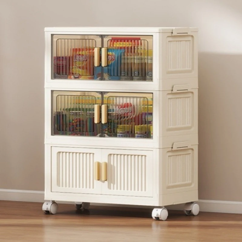 Modern white plastic wardrobe with transparent door, multi-layer storage space with wheels