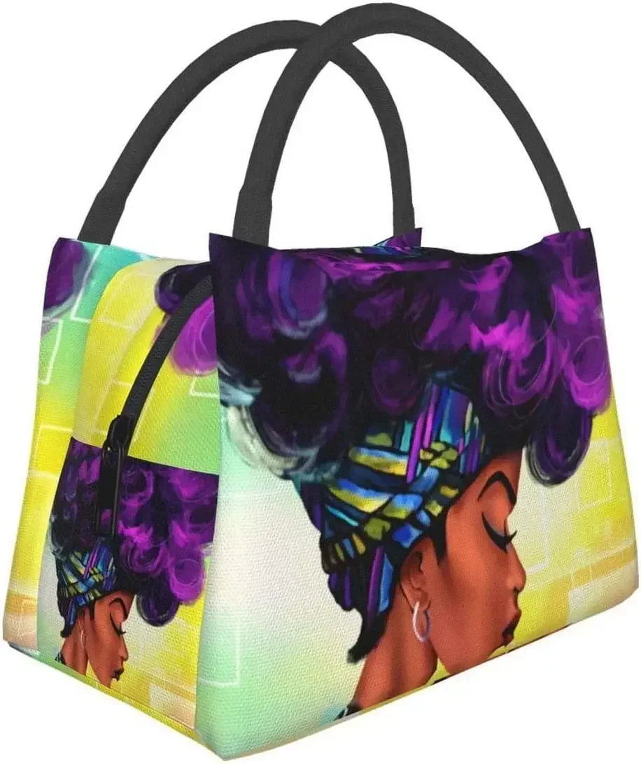 

Portable Insulated Lunch Bag African Women with Purple Hair Waterproof Tote Bento Bag for Office School Hiking Beach Picnic