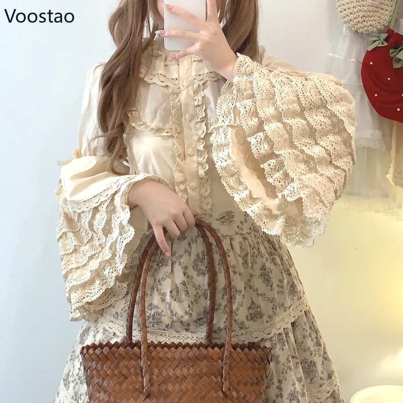 Victorian Gothic Lolita Shirts Women Vintage Sweet Lace Ruffles Bow Flare Sleeve Blouses Girls Harajuku Y2k Blusas Mujer Tops