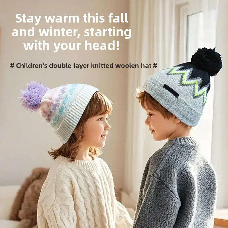 

Зимняя детская двухслойная вязаная шерстяная шапка на флисовой подкладке с утолщенной внутренней подкладкой, закрывающая ушка, теплая зимняя шапка, шапка для мальчиков и девочек