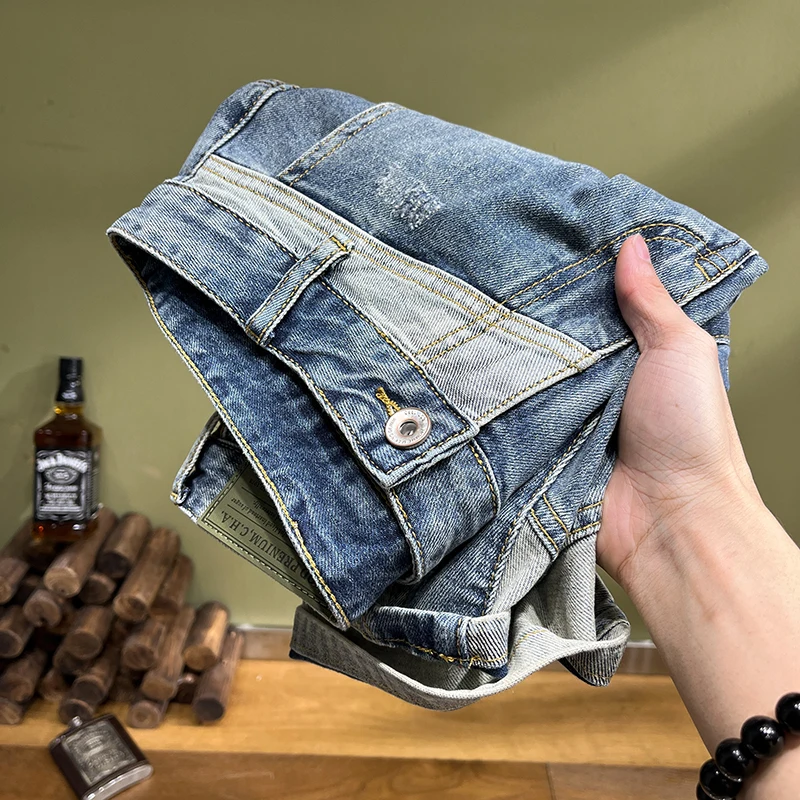 New summer high end luxury denim shorts with MEN'S panel patch slim fit straight barrel embroidery casual fashion jeans