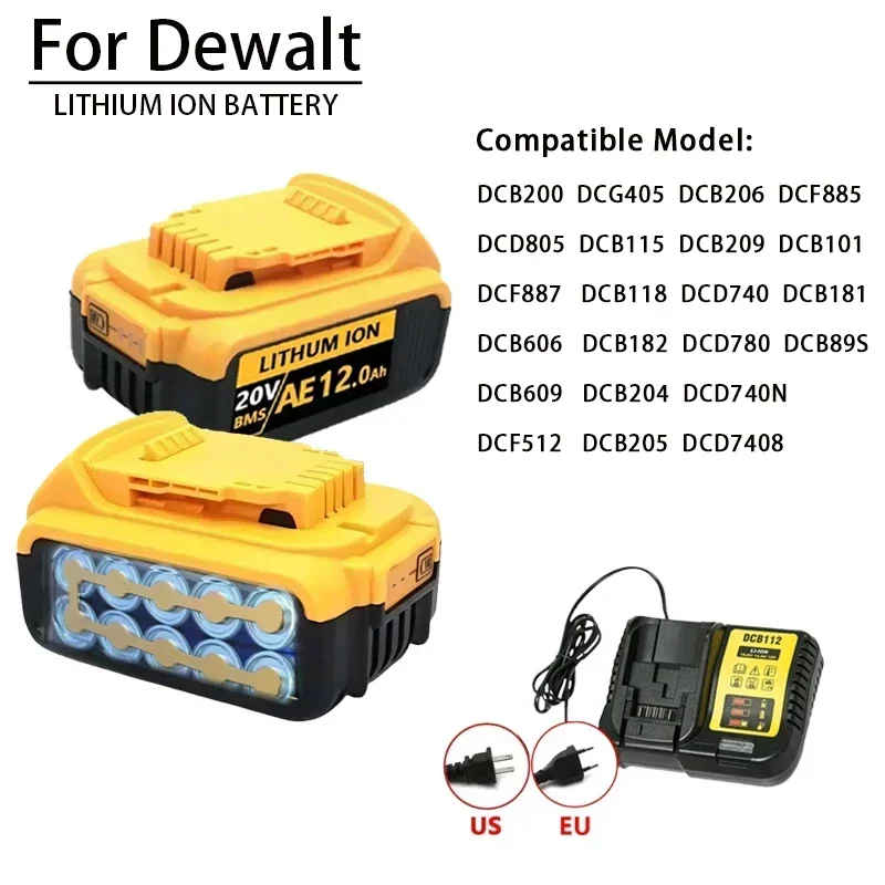 100% New DCB200 20V 12.0Ah Lithium Replacement Battery For Dewalt 18V DCB184 DCB200 DCB182 DCB180 DCB181 DCB182 DCB201 DCB206.