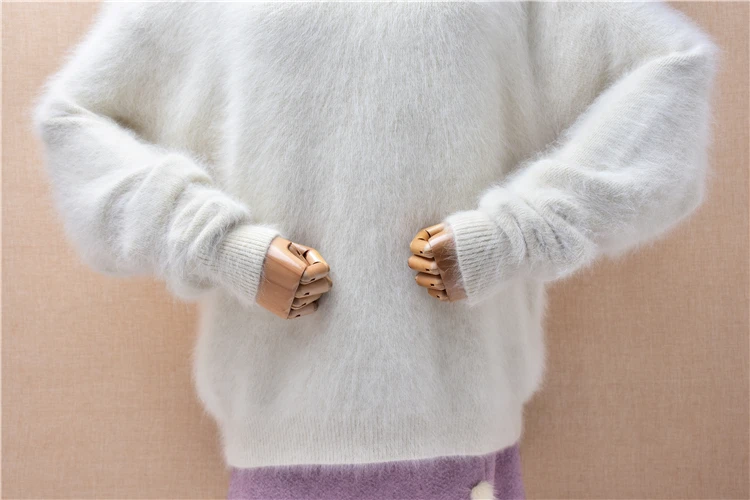 Ladies Women Autumn Winter Clothing Beige Hairy Angora Rabbit Hair Knitted O-Neck Long Sleeves Loose Pullover Sweater Jumper Top