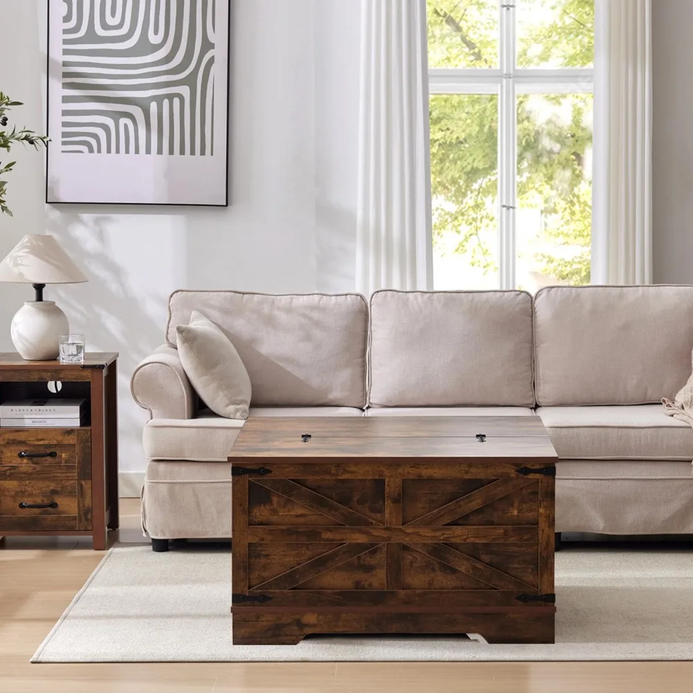 طاولة قهوة المزرعة مع مساحة تخزين مخفية كبيرة، طاولة مركزية خشبية مربعة ريفية مع سطح رفع مفصلي، حواف معدنية، بني