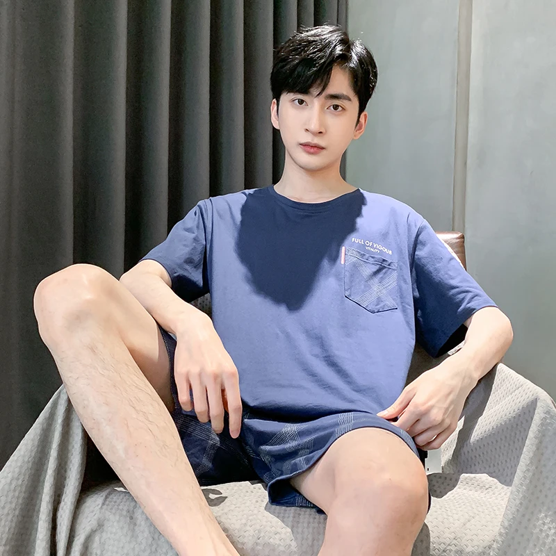 

Мужской хлопковый пижамный комплект, весенне-летний мужской пижамный комплект с короткими рукавами и круглым вырезом, мужская одежда для сна, домашняя одежда