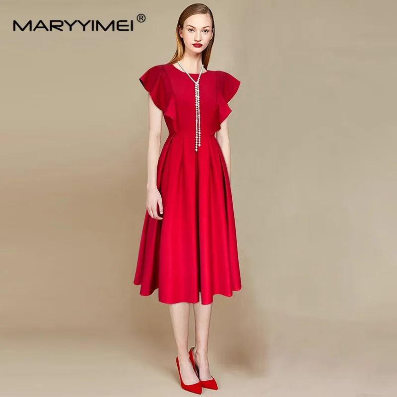 

MARYYIMEI Fashion Design Spring Summer Women's Flying sleeve Flounced Edge Lace-UP Folds Pretty Slim Red Dresses