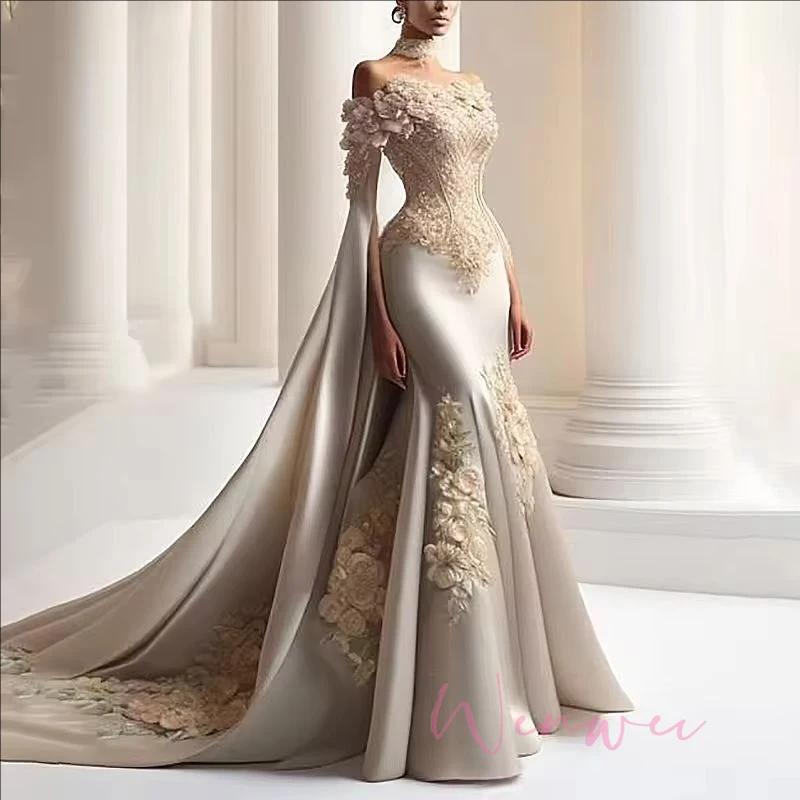 Elegant Floor-Length Mermaid Prom Party Long 3D Flowers Evening Dresses for Women Satin Gala Special Events Wedding Dress 2025