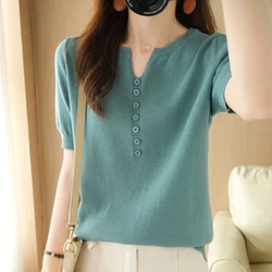 100% Cotton Knitted Women Sweaters And Pullovers Short Sleeve V-neck Warn Female Pullover button Knit Tops Jumper Clothes NS5096