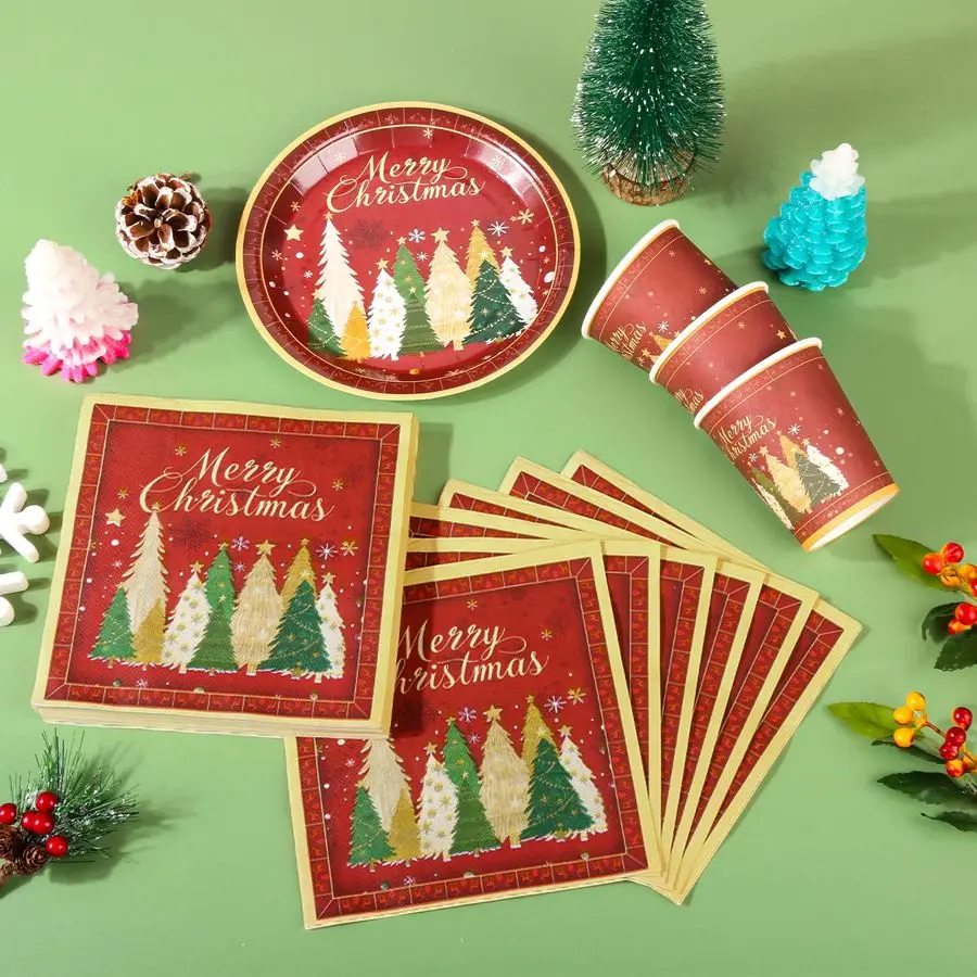 

Christmas Paper Plates Napkins and Cups Set, Xmas Disposable Party Dinnerware with Merry Tree Design, Holiday Tableware Supplies