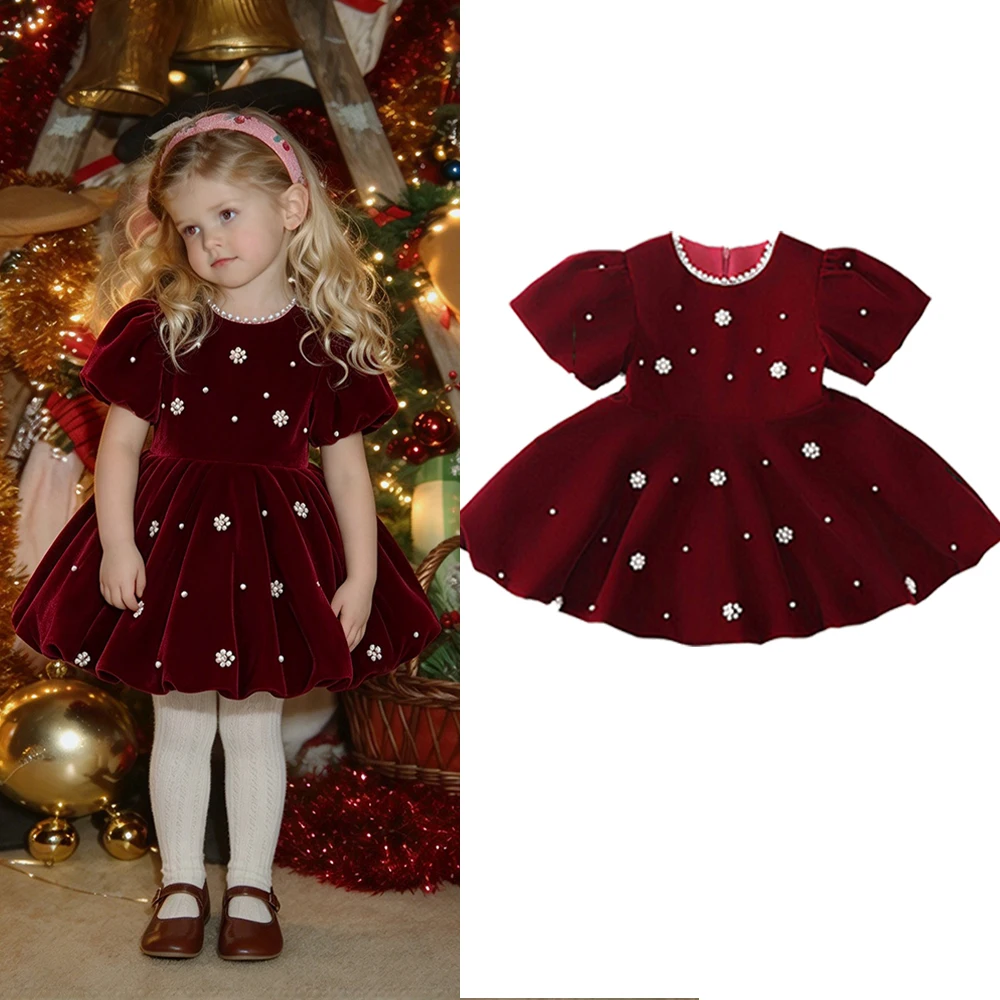 New Christmas Girl's Dress Girls' Velvet Long Sleeve Princess Dress Fashion Christmas Theme AutumnWinter New Casual Girls Dress