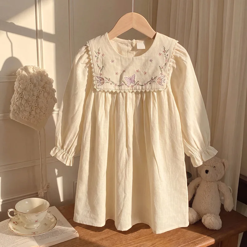 Girls' Spring and Autumn New Korean Style Sweet Long-Sleeve Princess Dress with Collar, Butterfly Embroidery, and French Lace