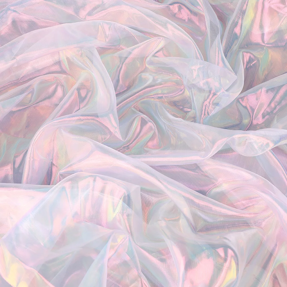 White Iridescent Pearl Organza Fabric, Rainbow Holographic Sheer Gauze for Stage Costume, Wedding Scene & Photo Props Decoration