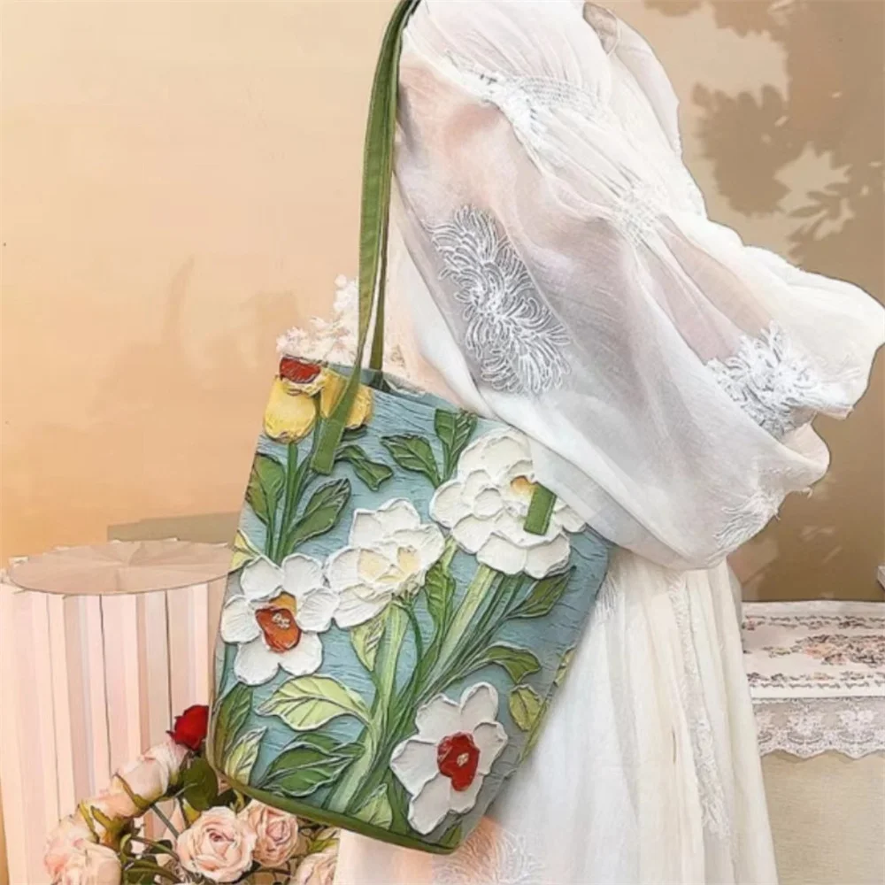 Large-Capacity Bag Wear-Resistant Oil Painting Handbag Flower Design Purse Niche Shoulder Bag For Work Shopping Leisure