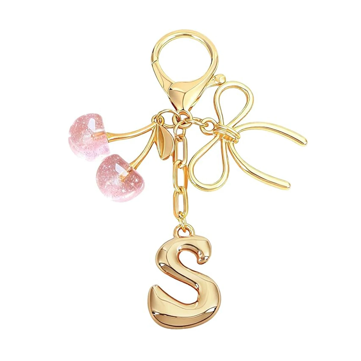 Gold Letter Bubble Initial Keychain with Bow & Cherry, Cute Handbag Accessory