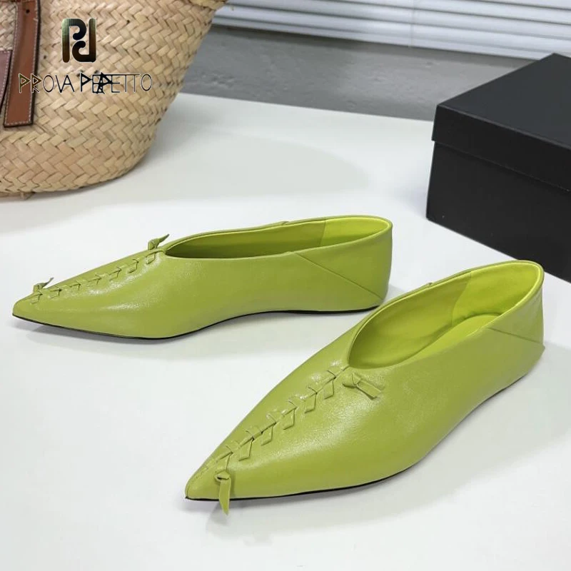 

New Color Spring Women Flat Mules Shoes Green Red Real Leather Weave Pointed Toe Slip on Deep Mouth Casual Walking Sapatos Mujer