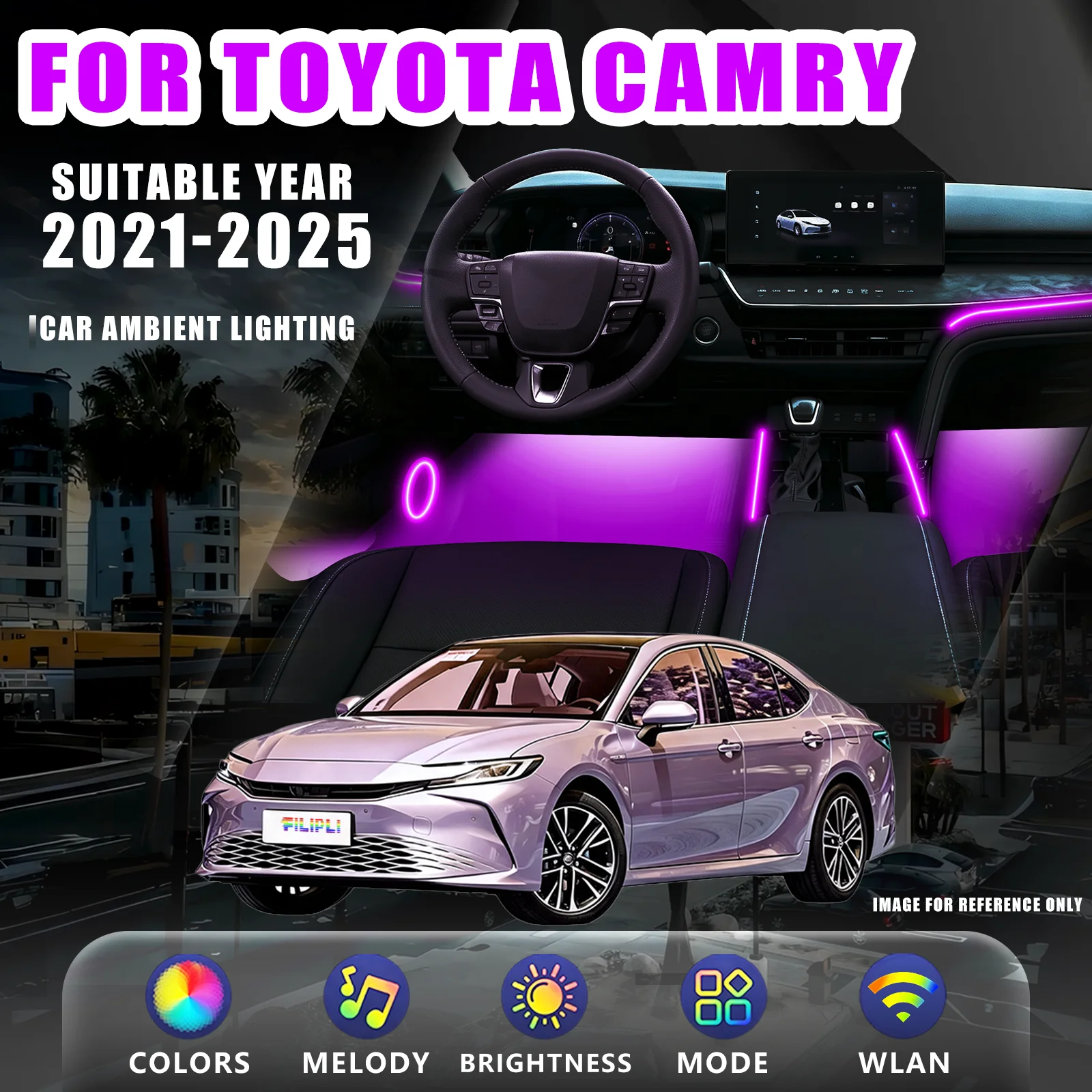FOR TOYOTA Camry 2021-2025 Year RGB 6 Lights Car Ambient Light Kit App Controlled Brightness Memory Non Destructive Installation Car Footwell Dash Lighting Kit