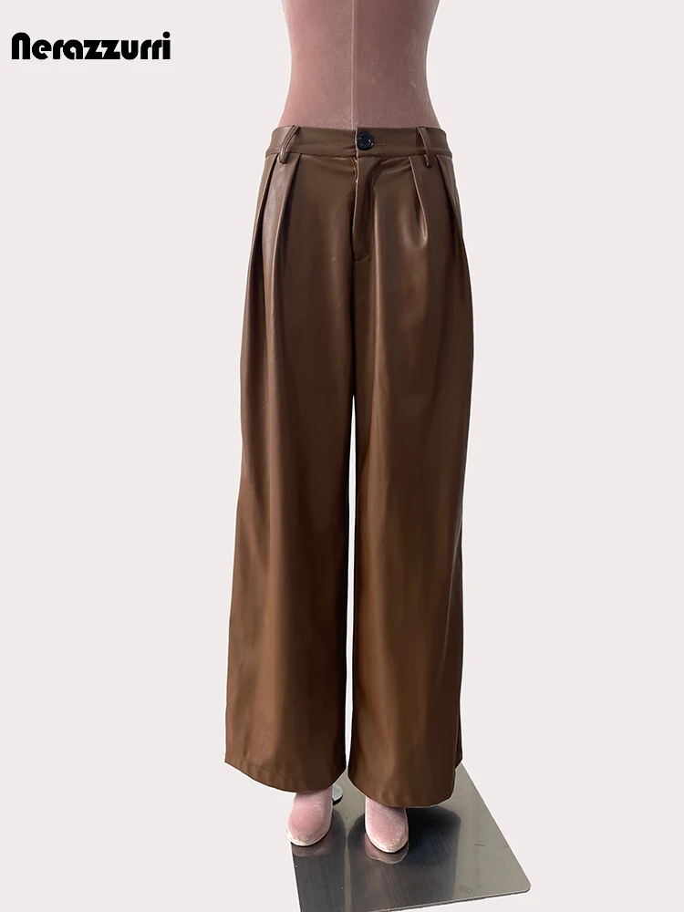 nerazzurri Spring Autumn Long Waterproof Brown Soft Pu Leather Straight Pants for Women High Waist Loose Casual Korean Fashion