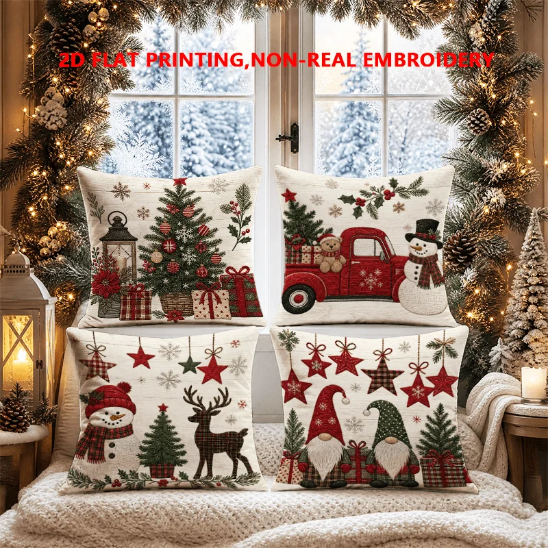 2D FLAT-4pc Christmas Throw Pillow Covers Sofa and living room decoration, single-sided printing, without pillow core