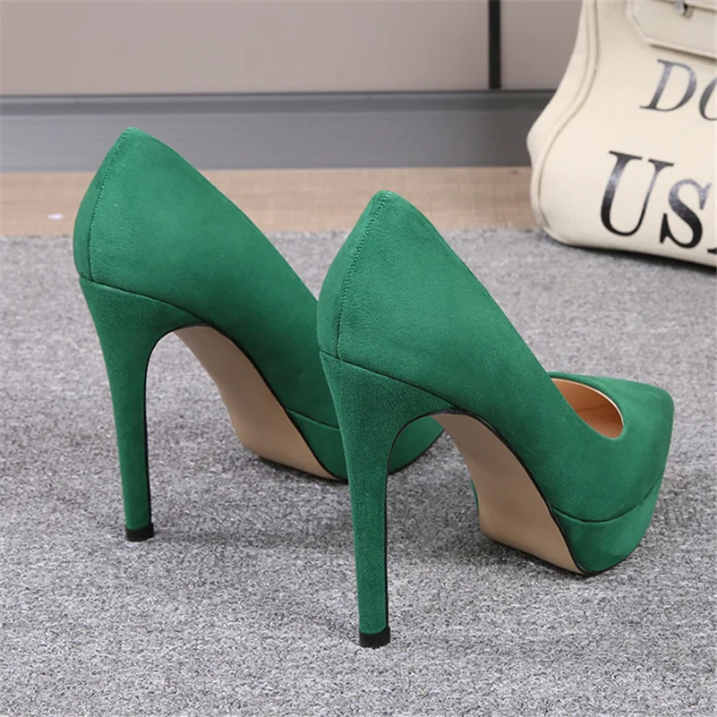 2023 Women 12cm High Heels Scarpin Valentine 2.5cm Platform Heels Pumps Lady Pointed Toe Heels Green Flock Plus Size Prom Shoes