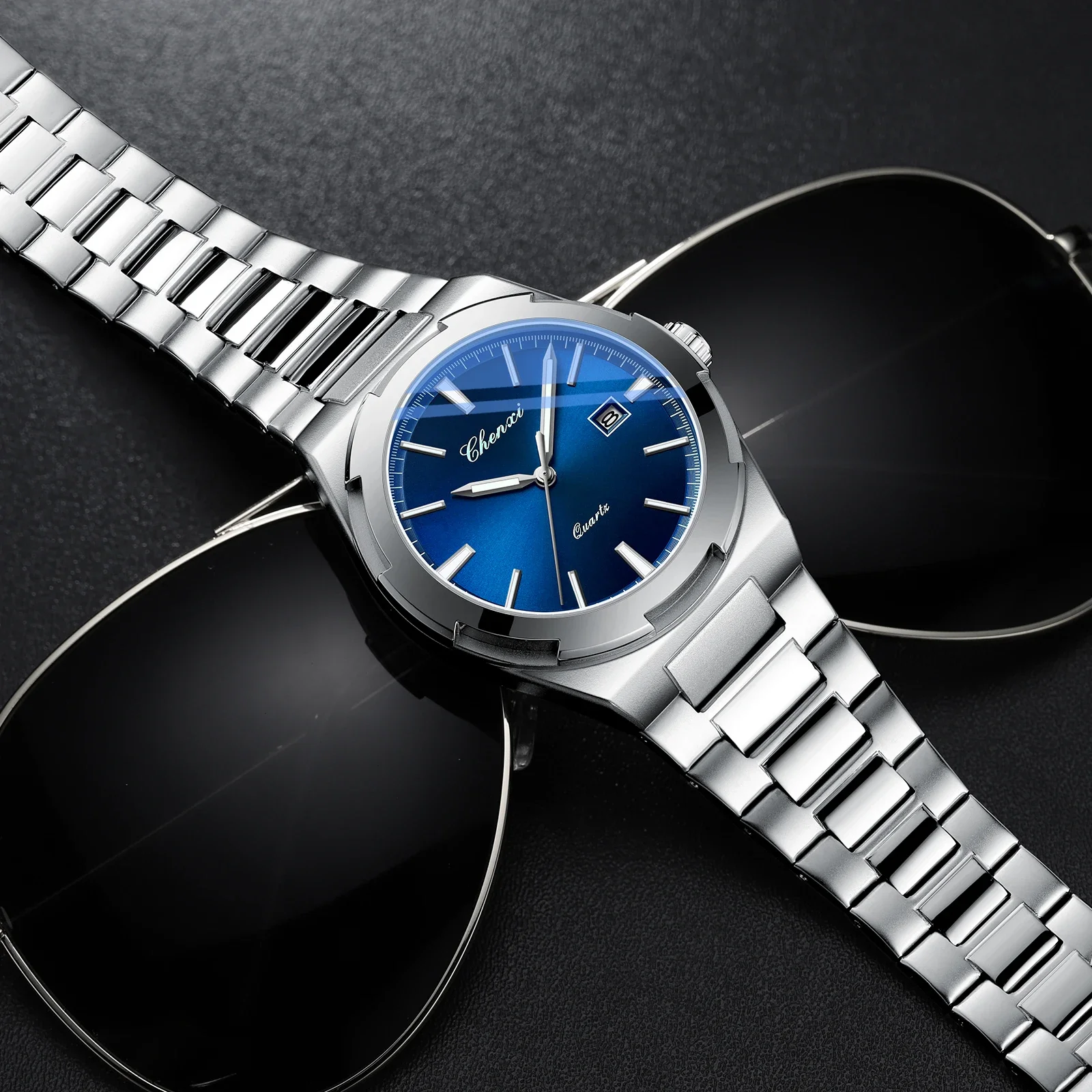 

Chenxi 0056 брендовые мужские кварцевые часы, модные высококачественные Relogio Masculino, прозрачный календарь, часы из нержавеющей стали для мужчин