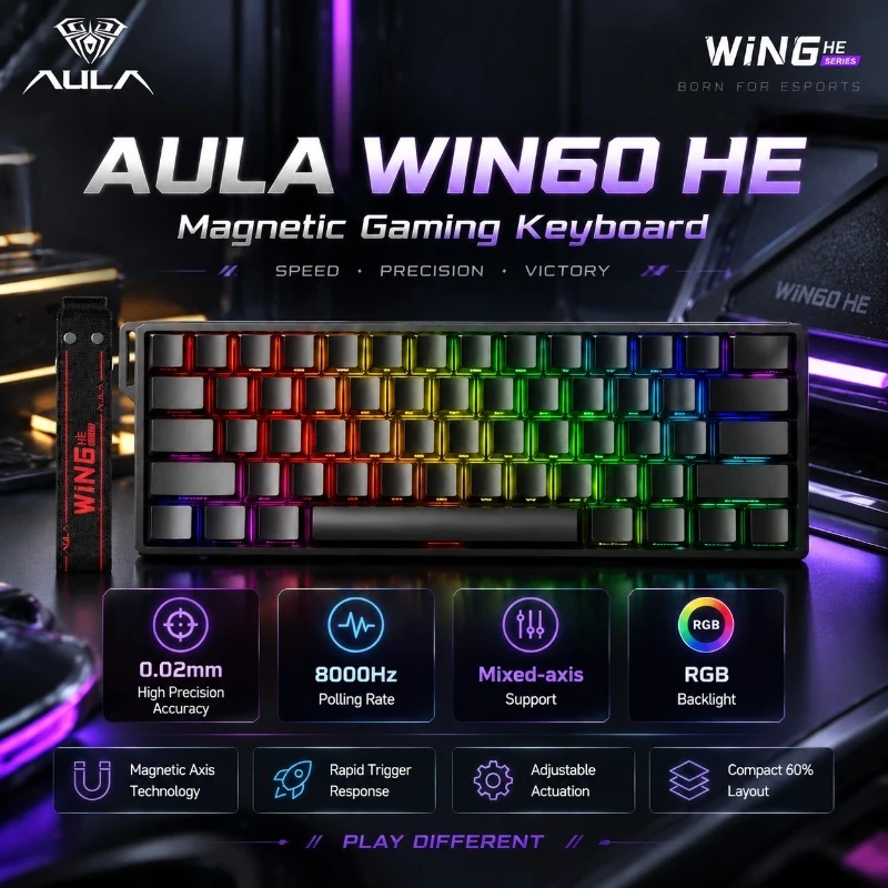 AULA WIN60 HE Magnetic Gaming Keyboard 60 Percent Wired Hall Effect Hot Swappable 8000Hz Rapid Trigger Adjustable RGB Backlit PC