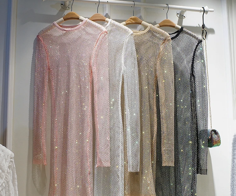 Inig Diamond – robe de soirée mi-longue pour femmes, transparente, ajourée, polyvalente, tendance, T-shirt en diamant, pour les déplacements