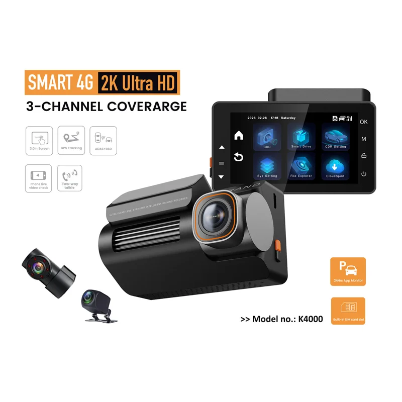 2026 Newest 3CH 4G LTE Car Dash Cam 2K Front +IR Cabin +Rear Camera with GPS ADAS BSD WiFi Auto DVR Recorder Fit for Fleet CMSV6