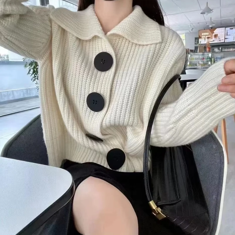 Women Knit Cardigan Women Solid Long Sleeve Loose Fashion Single-breasted Turn-Down Collar Sweater Coat