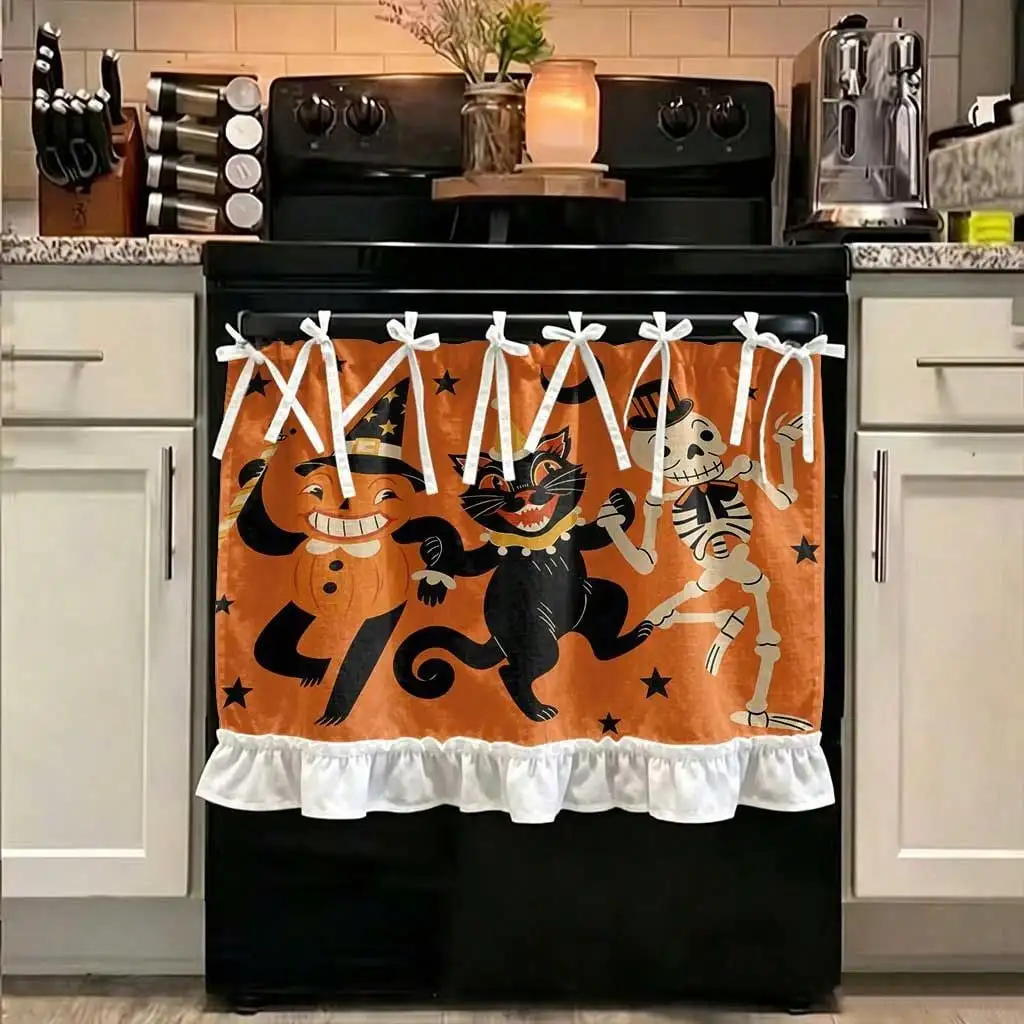 2D Flat - 1pc Halloween Kitchen Stove Oven Valance, 2D Printed Halloween Witch Cat Skeleton Dancing Spooky Pumpkin Kitchen Decoration Curtain for Dishwasher Microwave Cabinet Kitchen Sink, Great Addition to Your Halloween Themed Home