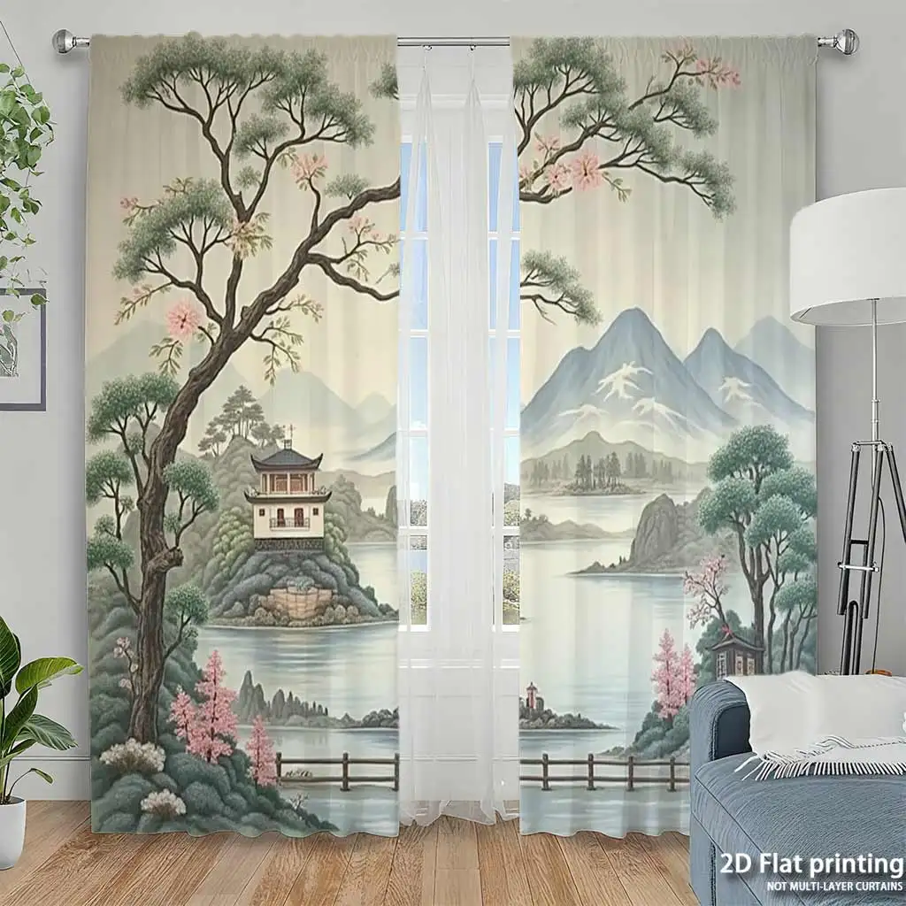 Chinese Landscape Curtain, Ink Wash Mountain Lake Window Drape, Oriental Zen Pagoda Tree Decor, Traditional Asian Style Home