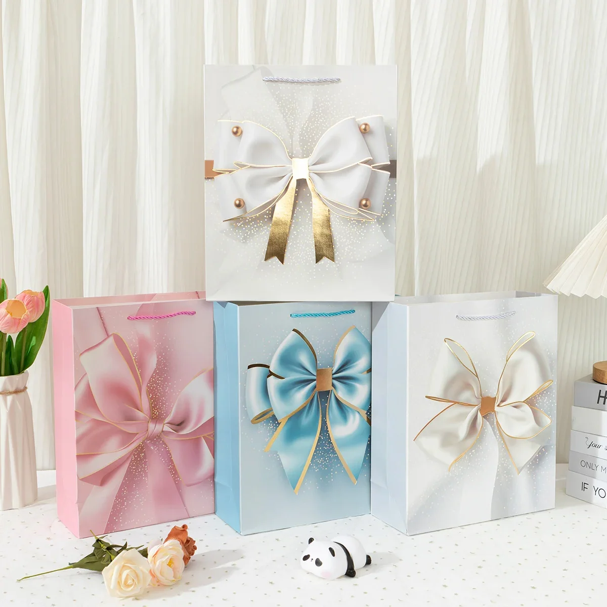 12Pcs  Gift Bags  Gift Packing Bags shopping with Bow party Cake Candy Pouch for Kids Birthday Party Decoration Packaging