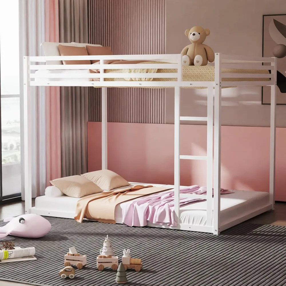 

Metal Bunk Bed Twin Over Twin with Safety Guardrail, Low Bunkbed Frame for Kids Teens Girls Boys Bedroom School Dormitory, Space