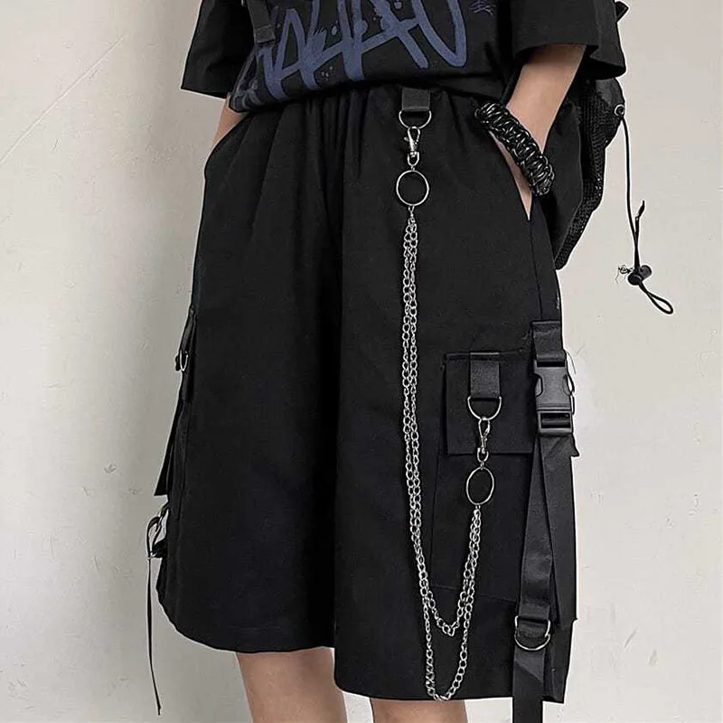 Casual Loose Cargo Shorts Women Harajuku Hip Hop Punk Large Pocket Wide Leg Shorts Fashion Chain High Waist Joggers Short Pants