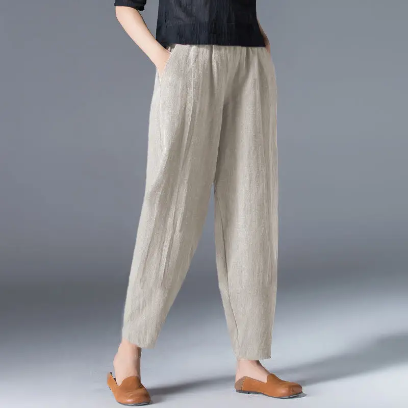 Pantalon en coton et lin pour femme, longueur rinçage, décontracté, harem, noir, blanc, taille élastique, printemps, été, 2024