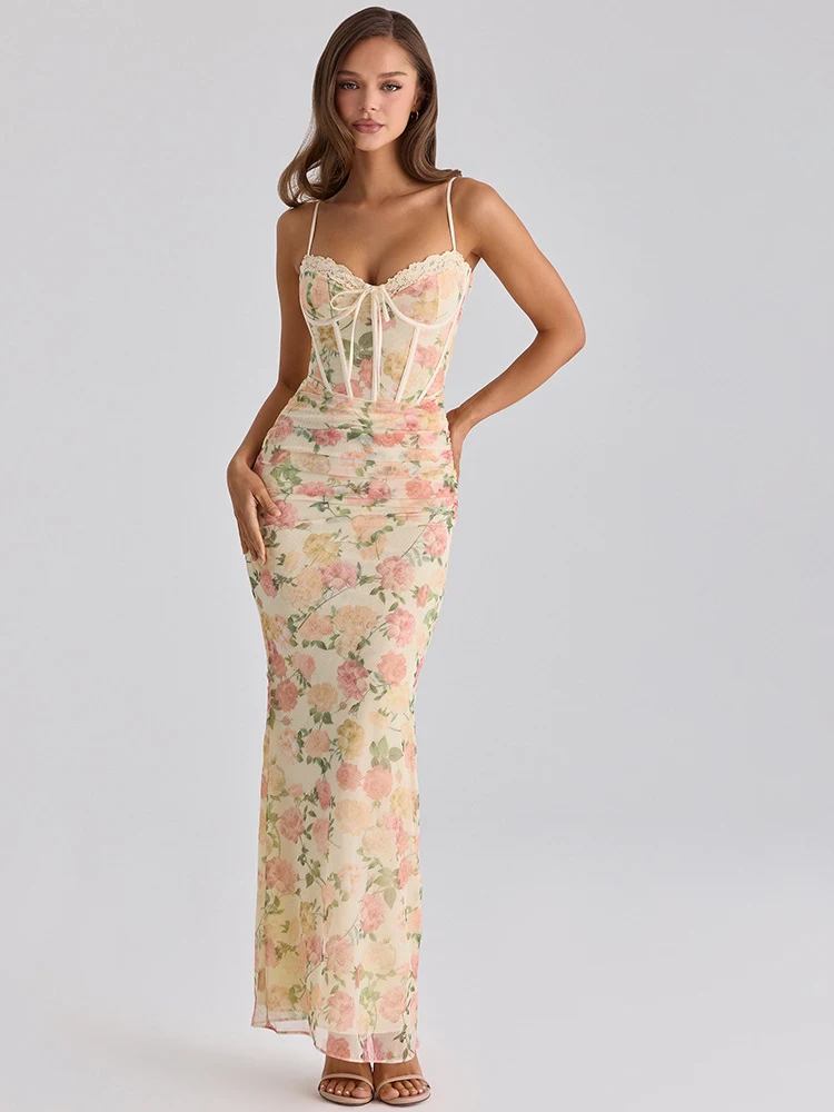 

JULISSA MO Sexy Spaghetti Strap Print Floral Women Maxi Dress Backless High Waist Dress Summer Slim Elegant Party Evening Dress
