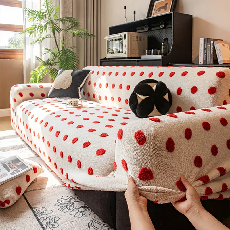 Autumn and Winter Polar Fleece Polka Dot Sofa Cover Stretch Plush Dustroof Couch Covers Easy-Care Furniture Protection Slipcover