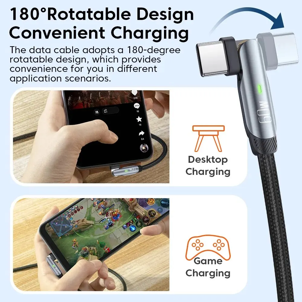 Toocki USB C to USB C Cable 60W Type C to Type C Fast Charging Charger PD Cable 180 Degree for IPhone 15 Xiaomi Poco Macbook