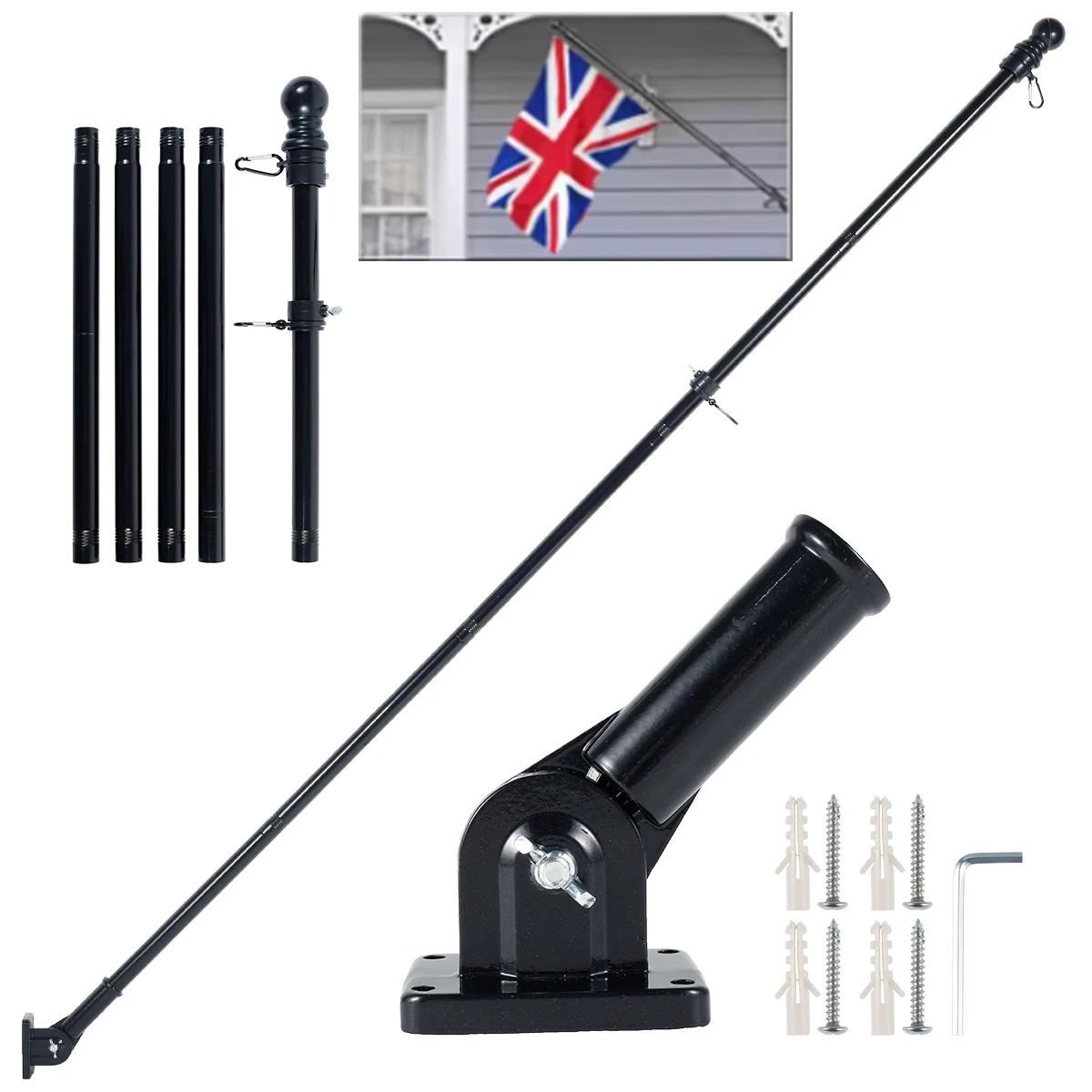 6Ft Stand Flagpole Collapsible Yard Banner Holder Adjustable Wall Mounted Mount Telescopic Flag Pole with Mounting Bracket