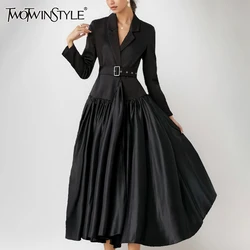 TWOTWINSTYLE Patchwork Belt Dresses For Women Lapel Long Sleeve High Waist Solid Elegant Spliced Fold A Line Dress Female New