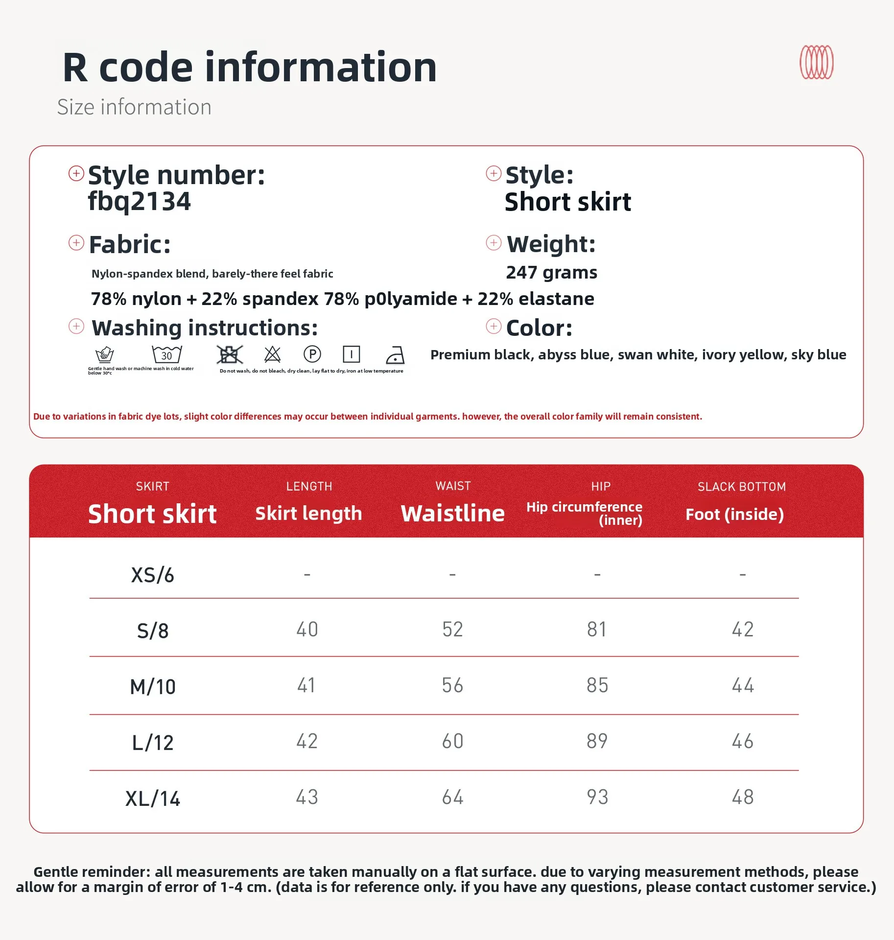 Size chart and fit details