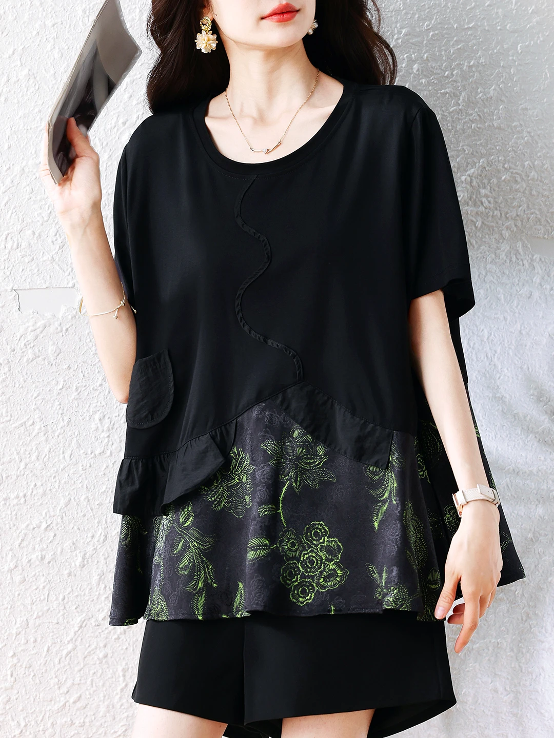 

Floral Print Loose T-Shirt plus Size Women's Fashionable Summer Slimming Meat Covering Casual round Neck Short Sleeve Top