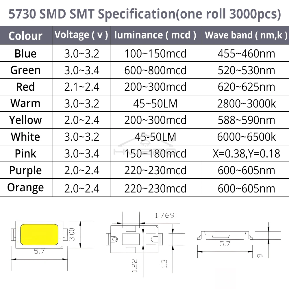 200Pcs SMD SMT 5730 Chip 6000-6500k Ultra Bright Warm White Red Blue Led Emitting Diodes Light Surface Mount Home DIY Decoration