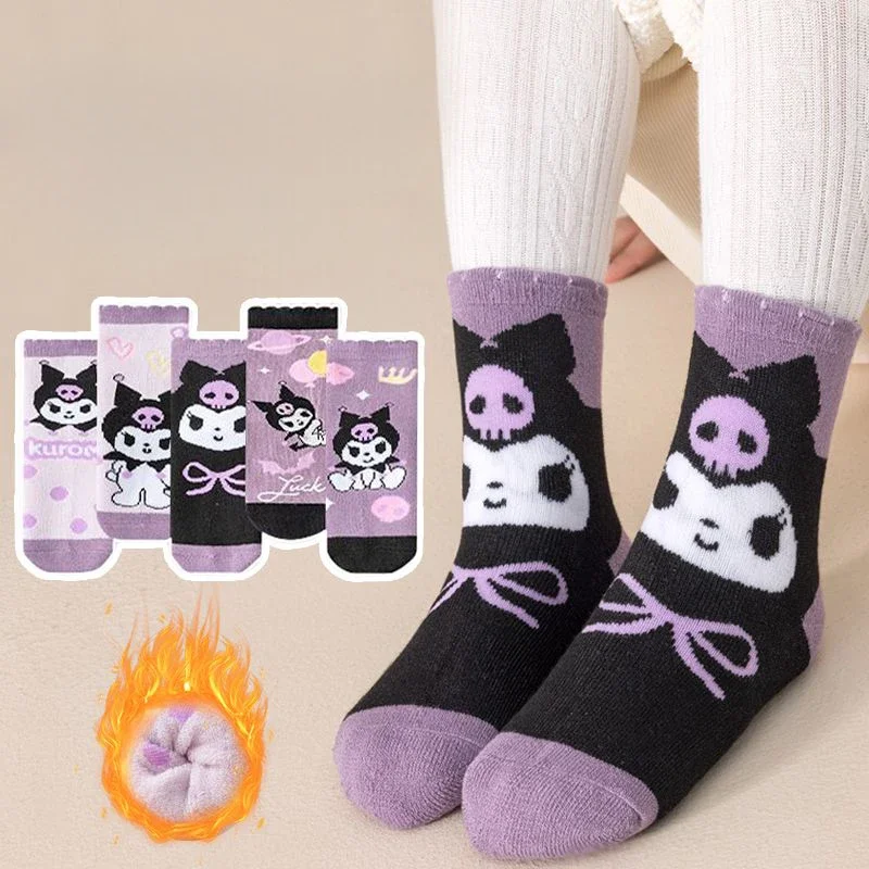 Cartoon Kuromi Thick Heat Storage and Warmth Socks Cute Comfortable Against The Skin Towel Mid Tube Sock Girls Child Accessories