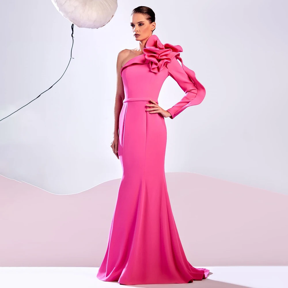 

Hot Pink Wedding Party Dresses for Women Ruffle One Shoulder Formal Gowns Mermaid Long Sleeve Belt Trumpet Evening Dress 2024