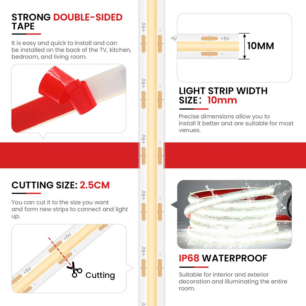 Motion Sensor COB LED Neon Light Strip USB Battery Powered 5V Cabinet Wardrobe Kitchen Stair Lighting 3000 4000K 6000K 320LEDs/m