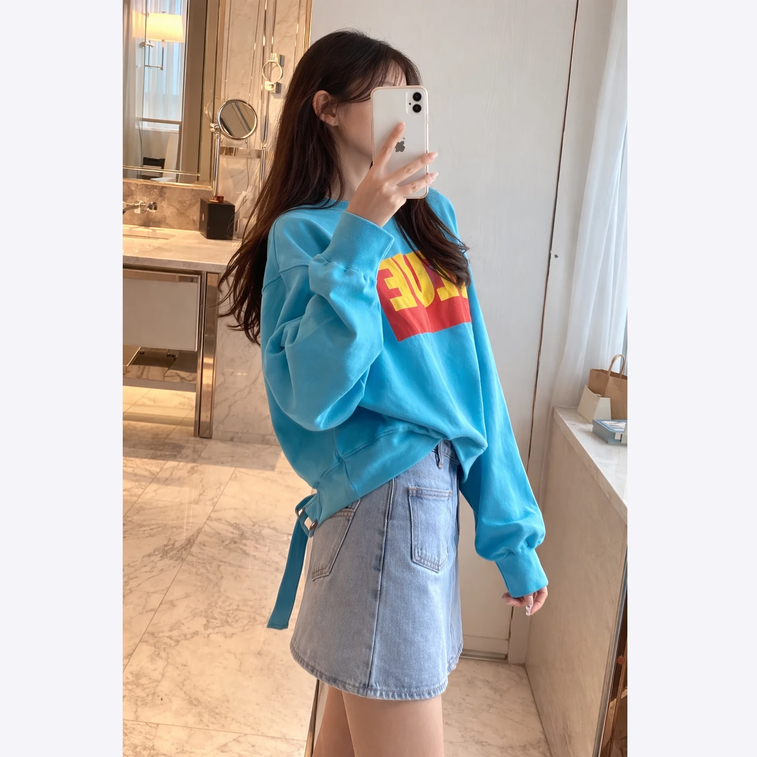 Sudadera con capucha azul estilo coreano Lazy Kele para mujer, diseño único con hebilla trasera y estampado LOVE, top holgado...