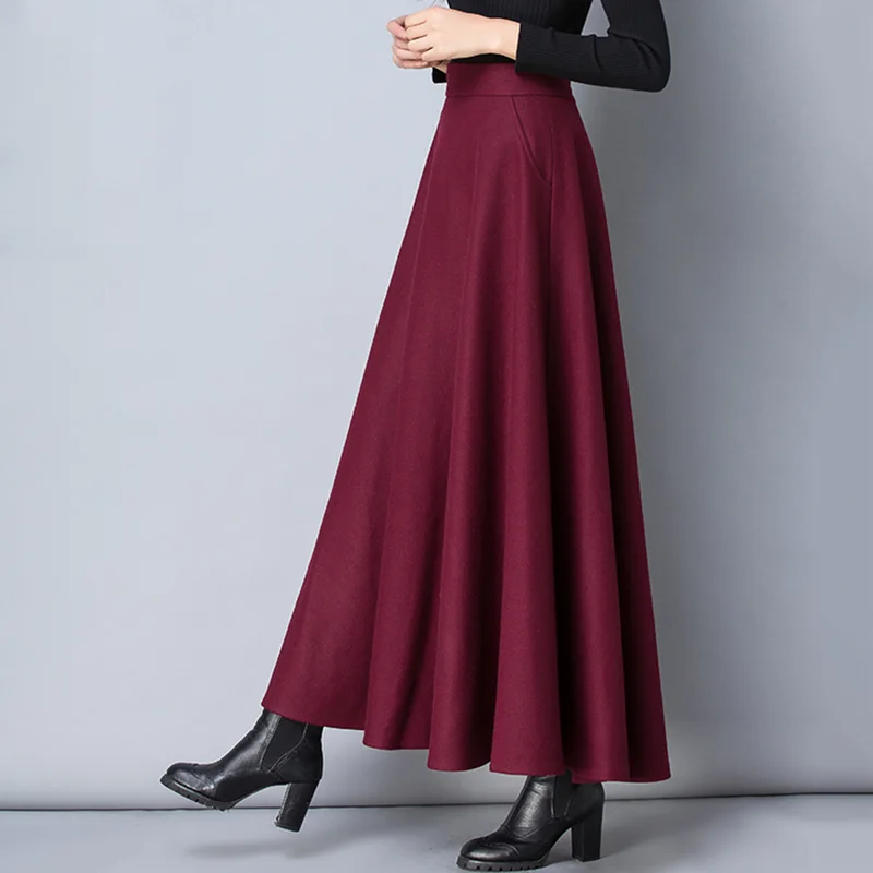 Lucyever New Winter Women\'s Long Woolen Skirt Elegant High Waist Wool A Line Skirts Female Casual Thick Warm Pocket Maxi Skirts