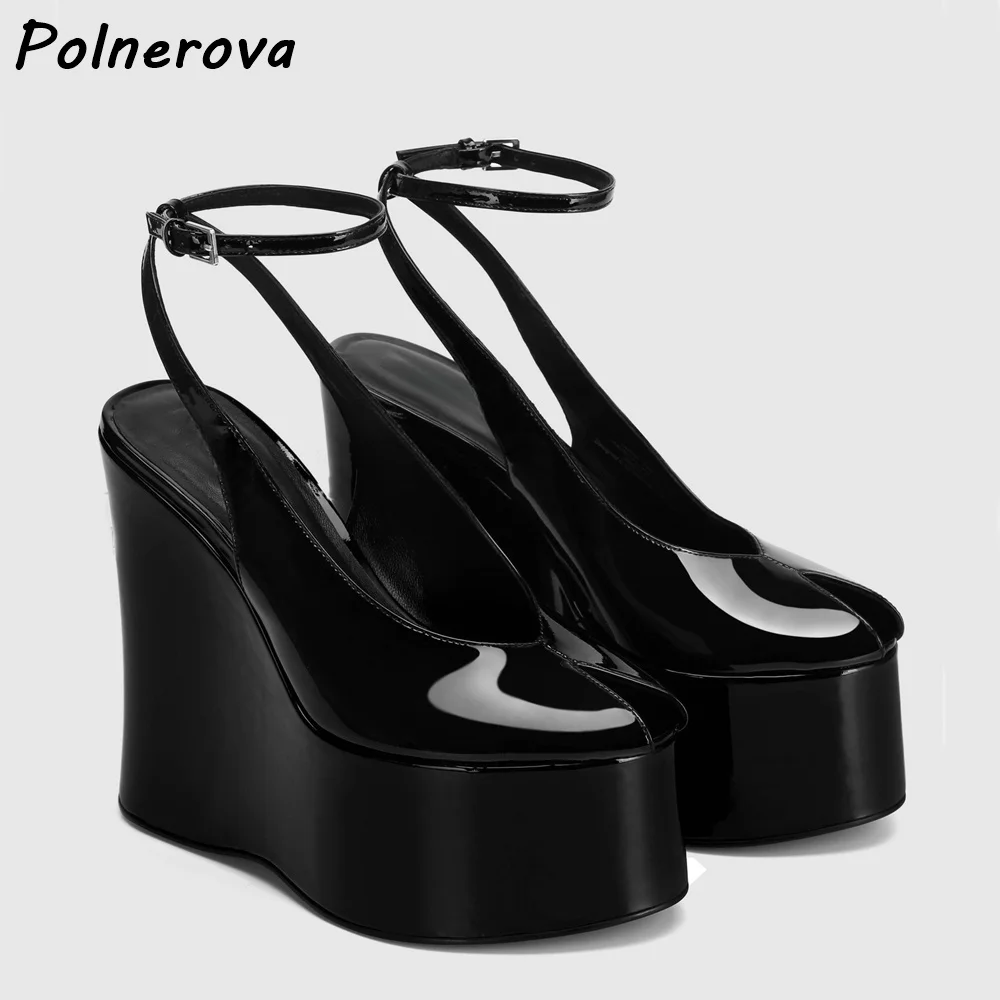 Patent Leather Wedge Platform Sandals Peep Toe Ankle Strap Cork Pattern Solid Black Shoes Slingback Summer Women Y2K Shoes view 3